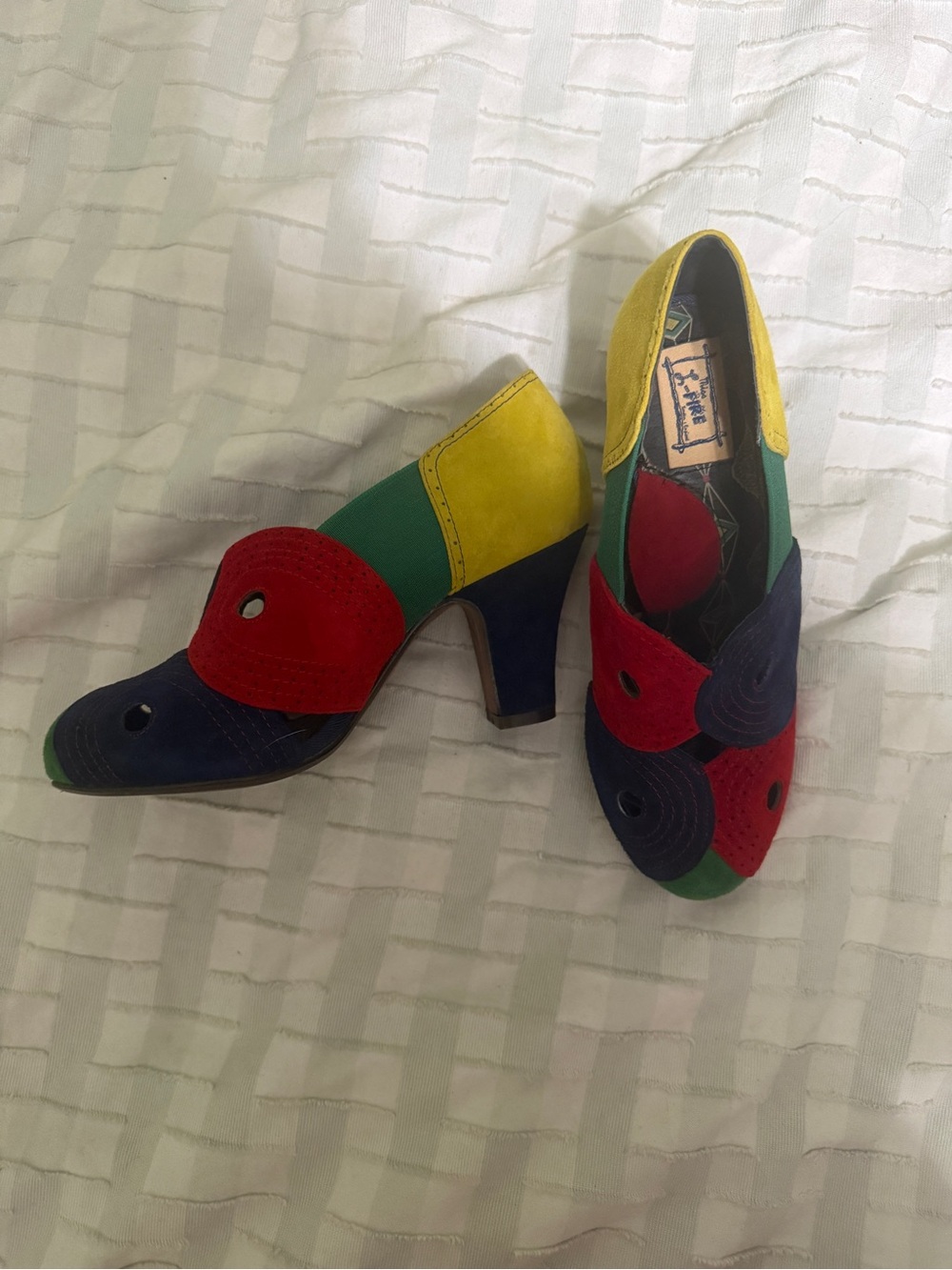 Colorblock Suede Mid-Heel Pumps in Red, Blue, Green & Yellow